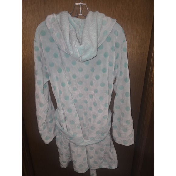 PINK Victoria Secret Green Polka Dot Soft Plush Bath Dressing Robe Women's Sz M - Picture 4 of 4